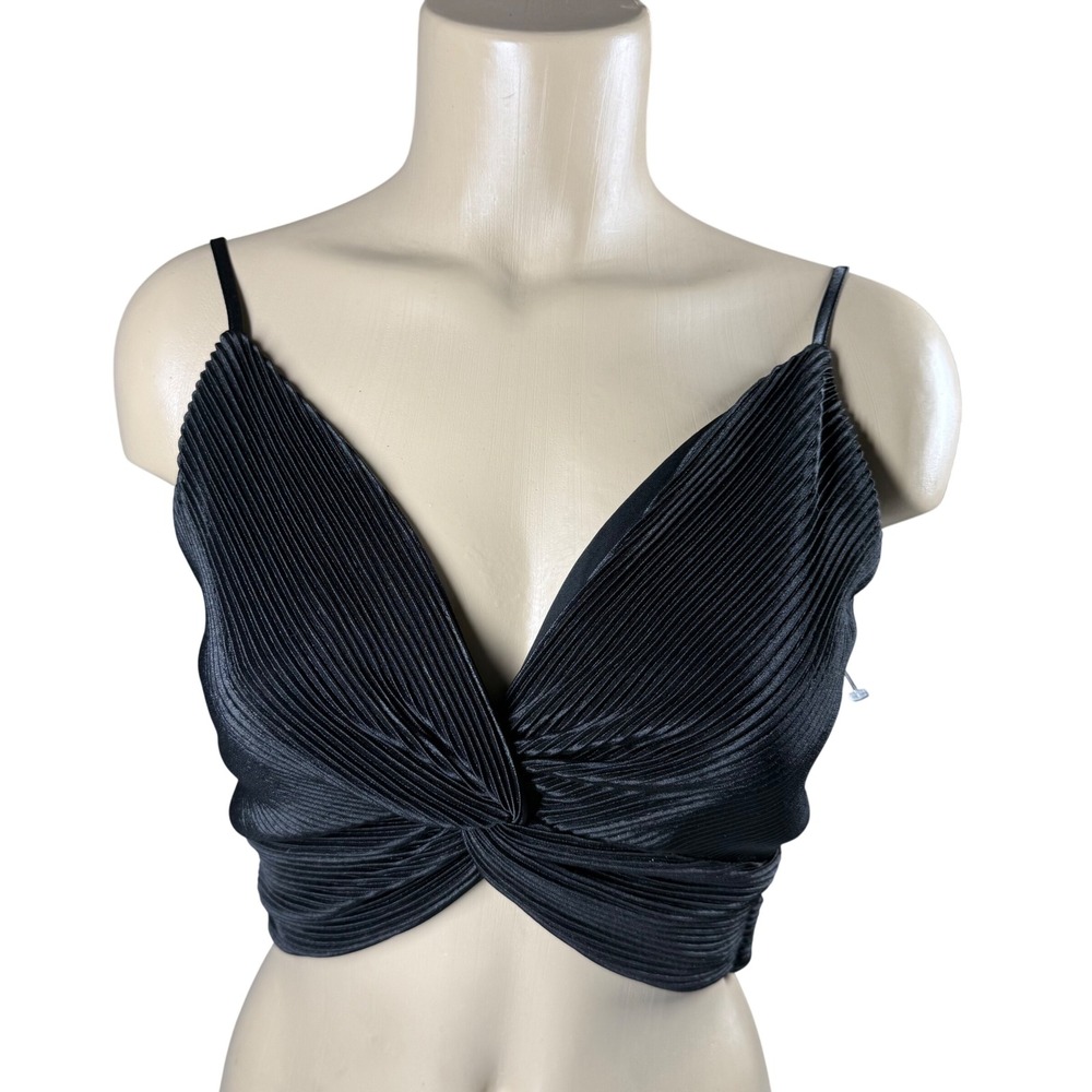 RO&DE Black Pleated Twisted Front Wrap Crop Top S small Smocked Back Small
